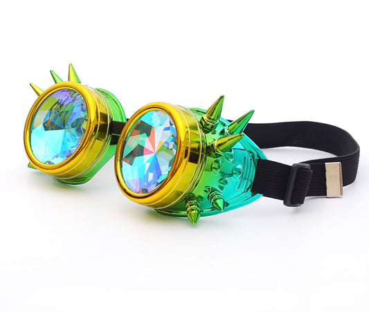 Space Queen Galactic Vision: Gold & Green Kaleidoscope Steampunk Goggles
