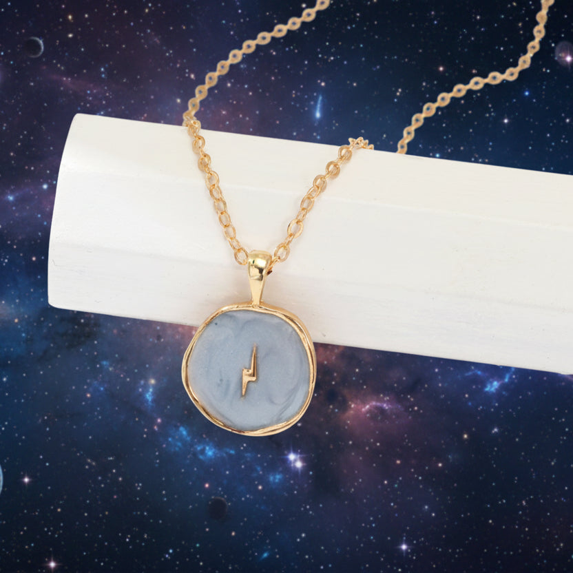 Azure Singularity – 14K Gold Lightning Bolt Blue Astral Necklace